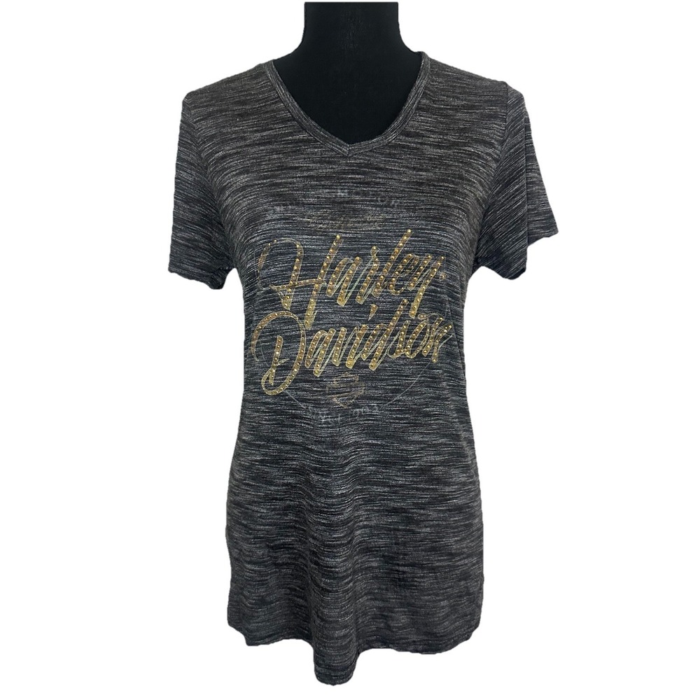 Harley Davidson Women's XL Buffalo Bill Cody WY Embellished Gray V-Neck Shirt